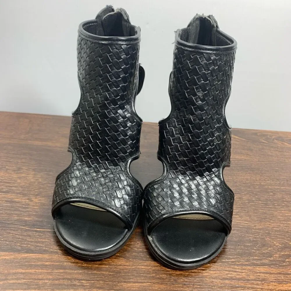 C est 1946 Women's Leather Zip Up Open Toe Ankle Block Heel Boots Black Size 6